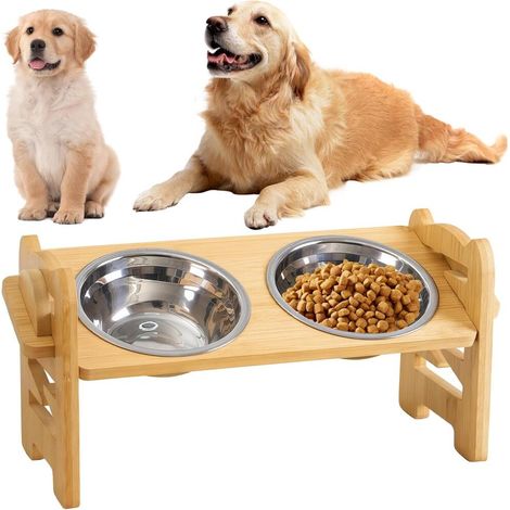 Support de Gamelleen Bambou avec 2 Gamelles – Gamelle Chien Surelevee de 6 Hauteurs Ajustables (1/5)