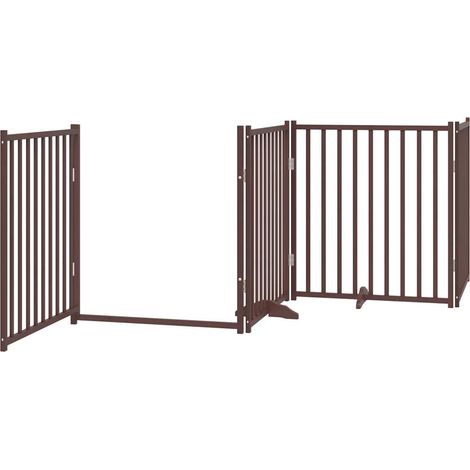 Barrière de sécurité pour chien animaux de compagnies avec porte 4 panneaux bois de sapin massif marron