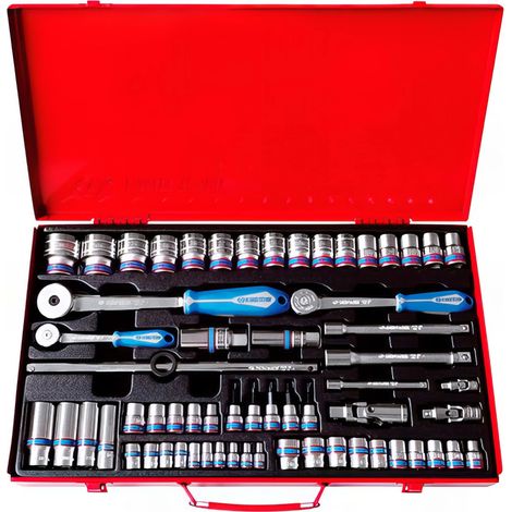Coffret cliquet et douilles 1/4" 3/8" 1/2" 62 pièces – Douilles courtes et longues 6 pans – Cliquet avec angle de reprise 5° – King Tony (1/5)