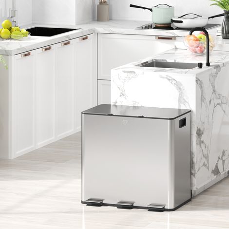 Poubelle de cuisine, poubelle tri sélectif, 3 compartiments de 15L, seaux intérieurs amovibles, 61,9x36,6x43,2cm, argent