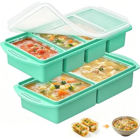 2Pcs Plateau de Congélation en Silicone, avec Couvercle, Compartiments Récipient à Soupe, 250ml/500ml, Récipients de Congélation Empilables, Bac à Glaçons pour Sauces (vert) (1/5)