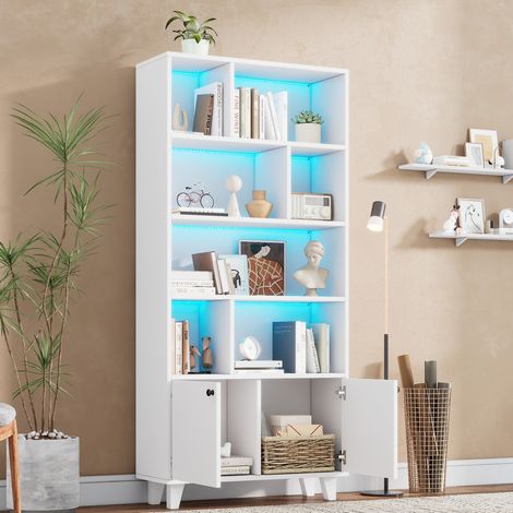 Bücherregal 80 x 30 x 173 cm mit LED, 4 Ebenen, 2 Türen, weiß OKMYHOME (1/5)