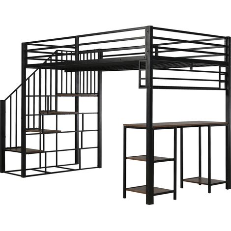 Lit en fer, lit mezzanine, escaliers avec rampes, avec bureau et étagère de rangement, sommiers à lattes stables, fer + panneau de particules, noir + foncé, 120x200cm (1/5)
