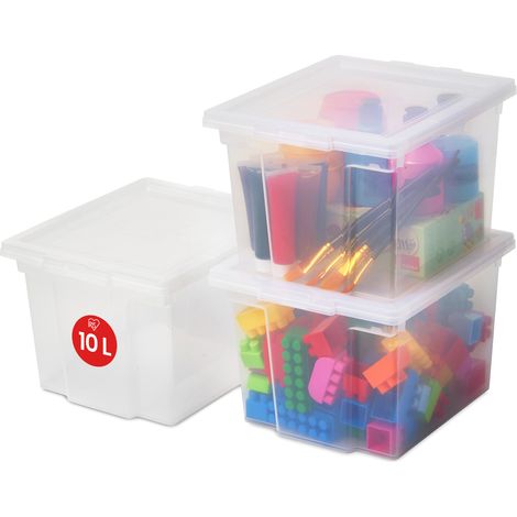 Iris Ohyama 3 Cajas de Almacenaje PlÃ¡stico VersÃ¡tiles con Tapa, 10L, Transparente, Cierre fÃ¡cil, Apilable, para Armario, Estante, Aula, Organizadora, Ropa, Zapatos, Libre de BPA, USB-S (1/5)