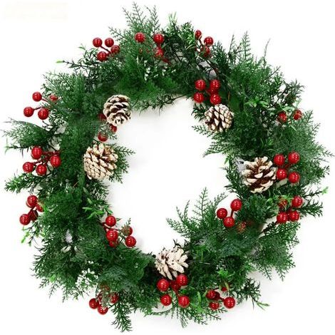Weihnachtskranz aus Tannenzapfen, Beeren und festlichen grünen Akzenten. Dekorativer Kranz für Tür und Wand. (1/5)