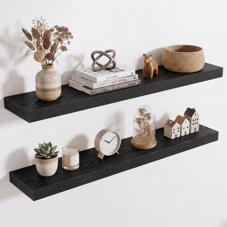 Étagère Murale en Bois, Version Extra résistante, Longueur 90 cm, Tablette Murale pour Salon, Salle de Bain, Chambre, Cuisine, Noir, Lot de 2 (1/5)