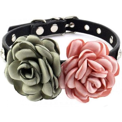 Strassbesetztes Hundehalsband – Blumenhalsband für Kätzchen und kleine Hündinnen – Rose mit grünen/rosa Blüten – Immergrüne Rose (1/2)