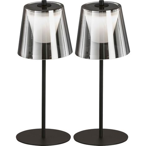 Lampada da tavolo LED touch dimmer lampada da esterno vetro fumé lampada da giardino lampada da tavolo ricaricabile, metallo nero sabbia, 2W 270lm bianco caldo, DxH 14 x 35 cm, set di 2