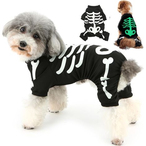 Hunde Halloween Kostüm Skelett Overall 4-beinig – bequem und verstellbar für Katzen und Hunde (1/5)