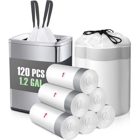 1,2 gallon 120 sacs poubelles à cordon de serrage solides par , Code R, petits sacs poubelles, doublures de panier à déchets pour la maison, le bureau, la cuisine, la salle de bain, la chambre à couch (1/5)