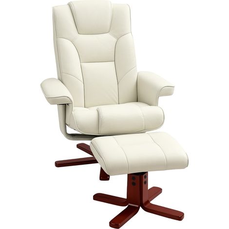 Relaxsessel mit Hocker, Fernsehsessel mit Liegefunktion, Wippfunktion, Gepolstert Liegesessel mit verstellbarer Rückenlehne, bis 150 kg, für Wohnzimmer, Kunstleder, Cremeweiß