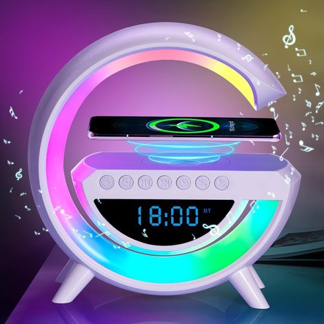 Lampe chevet 4-en-1 – charge sans fil, Bluetooth, réveil, ambiance, intelligente