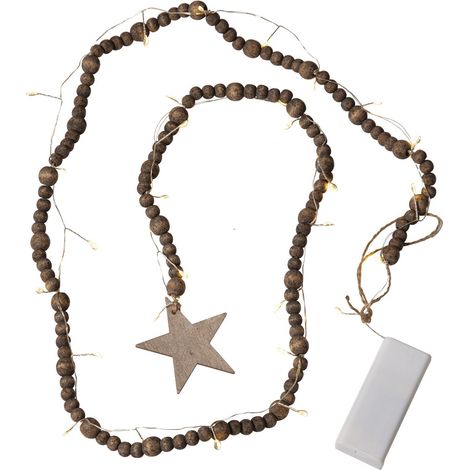 Guirlande lumineuse de Noël Star Trading 'Beady' avec perles en bois et étoile, piles + minuteur, blanc chaud, marron, L 150 cm (1/4)