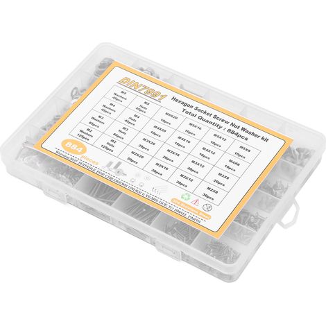 Assortiment de vis à tête fraisée hexagonale creuse M2, M3, M4 et M5 en acier inoxydable 304 avec écrous et rondelles. (1/5)