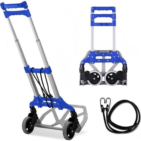 Carrito plegable de aluminio con mango telescópico y rueda de goma giratoria 360°, 1 cuerda extensible, para equipaje, compras, viajes, mudanzas y (ruedas TPR) (1/5)