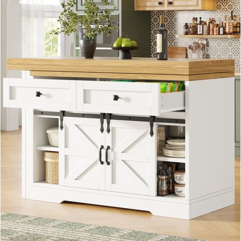 Îlot de cuisine extensible 120-197x40x72 cm en MDF blanc, avec rangement pour cuisine FloraGrace (1/5)