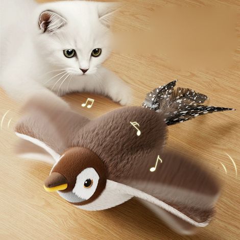 Interaktiver Vogel für Katzen, zwitschert und hüpft automatisch, Plüsch (Spatz)