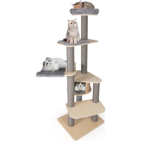 COSTWAY Albero per Gatti Alto 197cm, Condo Privato, Trespolo Imbottito, Amaca, Graffiatrici (1/5)