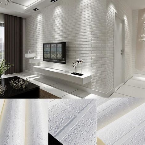 Papier Peint 3D Brique Blanc - Chambre - 10M x 0.53M - PVC Non-adhésif (1/4)