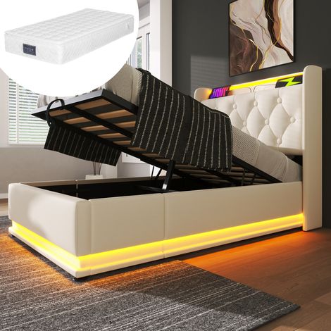 Letto letto singolo contenitore LED USB PU bianco OKMYHOME