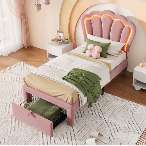 DESVIAE Lit simple enfant rembourré avec LED RGB tête de lit réglable et tiroir 90 x 190 cm velours rose sommier à lattes (1/5)