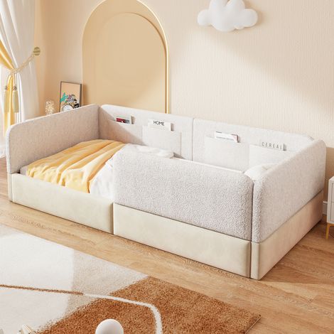Letto singolo 90x200 cm con sponda di sicurezza e tasche portaoggetti, in velluto, bianco, senza materasso (1/5)
