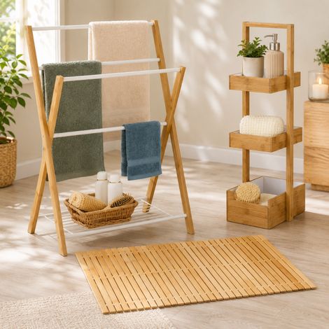 Set da bagno in bambù (3 pezzi) – Tappetino da bagno antiscivolo, portasciugamani da appoggio e mensola a 4 cestelli (1/5)