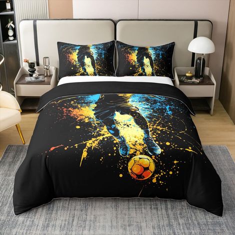 Parure de lit 100 % coton avec housse de couette 155 x 220 cm et 1 taie d'oreiller, pour garçons et filles, motif de joueur de football, style hippie, pour chambre à coucher (1/5)
