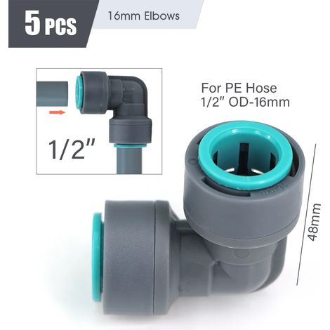 Coude Lx16 mm (1/4", 3/8", 1/2") - Raccord rapide pour tuyau d'arrosage PE de 16 mm, 12 mm et 6 mm de diamètre extérieur - Raccords pour système d'irrigation (1/5)
