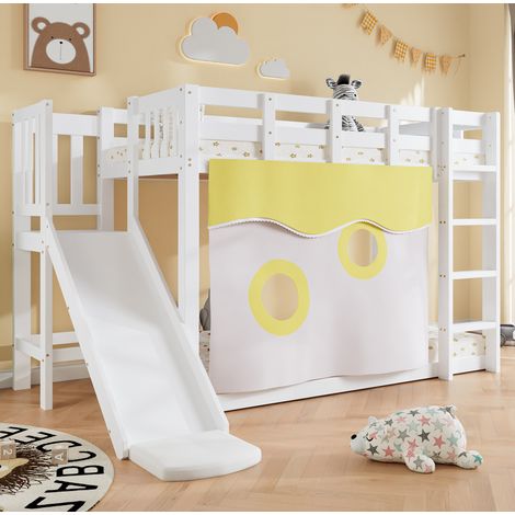 DESVIAE Lit superposé enfant avec escalier barrières rideaux et toboggan 90 x 200 cm blanc en bois MDF et pin (1/5)