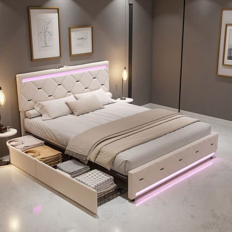Letto 140x200 cm - 250402HXF - USB - LED - Lussuoso moderno e intelligente - Velluto - letto per adulti - struttura letto matrimoniale 140x200 cm - Beige