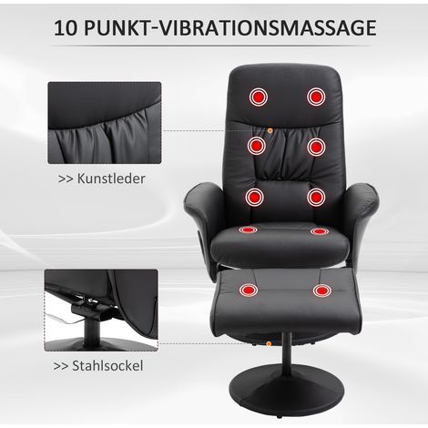 Fauteuil relax inclinable pivotant avec repose-jambes, 10 points de massage, télécommande, poche latérale, similicuir noir, pour salon TV