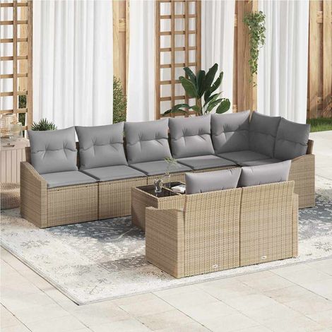 Gartensofa-set mit Kissen 9 pcs Beige und Hellgrau Poly-Rattan (1/5)