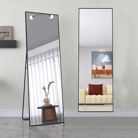 Ganzkörperspiegel HD 2 in 1, 165x60cm, Rechteckig, mit Metallrahmen, freistehender Spiegel für Wohnzimmer oder Ankleidezimmer, Wandspiegel - Schwarz