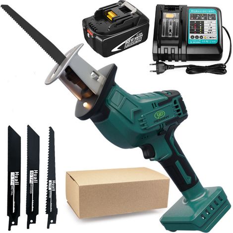 Scie sabre,Scie alternative sans fil, scie à sabre à vitesse variable, 4 lames, pour la coupe de tuyaux en PVC en métal +1x batterie de 5,5a+chargeur DC18RC, compatible avec la batterie makita (1/5)