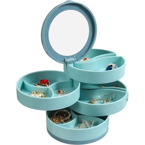 Boîte à bijoux rotative à 4 niveaux, petite boîte à bijoux avec porte-boucles d'oreilles pour femme, organisateur de bijoux, plateau (1/5)