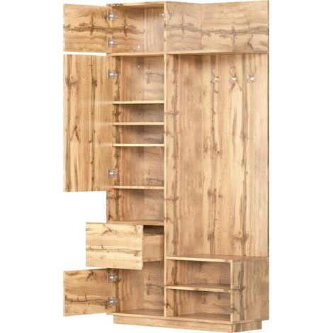 Ingresso compatto con specchio, panca e scarpiera in MDF naturale (1/5)