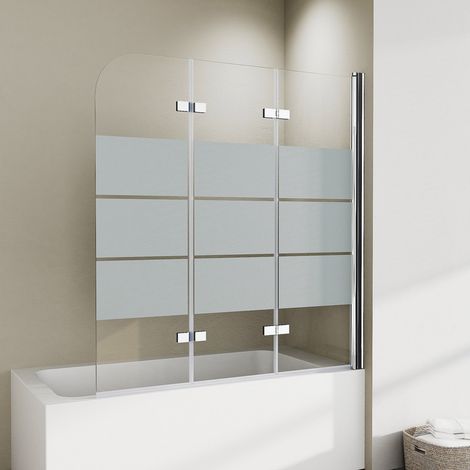 WDWRITTI Duschwand für Badewanne 140x140 cm Badewannenaufsatz 3-teilig Duschtrennwand für Badewanne Duschwand Badewanne Faltwand Duschabtrennung Badewanne, 6mm ESG Glas mit Milchglas Streifen