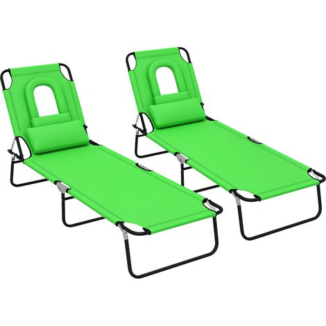 Outsunny Folding Sun Loungers Set of 2 with Face Hole, 4-Position Adjustable Backrest Garden Recliner Chairs Sunbeds, Outdoor Lounge Chairs with 600 D Oxford Cloth Seat, Pillow for Beach, Green