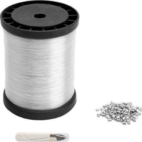 Ligne de pêche en nylon transparent de 0,8 mm et 200 m, idéale pour la pêche suspendue et le bricolage. 120 embouts à sertir en aluminium et mini-ciseaux inclus. Charge maximale : 16 kg. (1/5)
