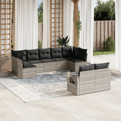 Set muebles jardín 9 pzas y cojines ratán sintético gris claro vidaXL (1/3)