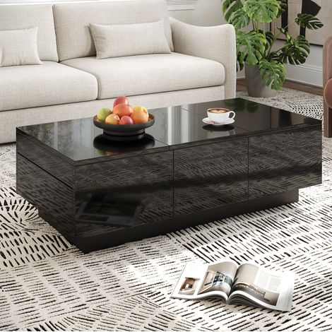 Tavolino da salotto 100x50x31 cm con 2 cassetti e vano portaoggetti, finitura nera lucida (1/5)