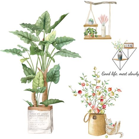 Stickers Muraux Feuilles Tropicales Fleurs Autocollants Muraux Mural Stickers Palmier Feuilles Plante Verte pour Chambre Salon Canapé Fond