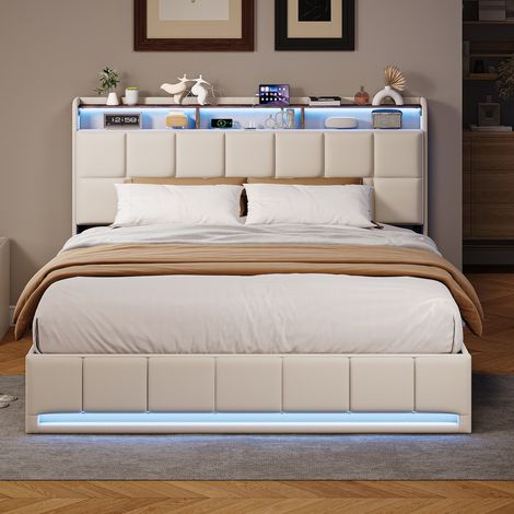 Lit Coffre 160x200 cm avec rangement hydraulique,lit double rembourré,Sommier à Lattes,LED réglable,Chargement USB,cadre de lit,tissu en lin,Beige (1/5)