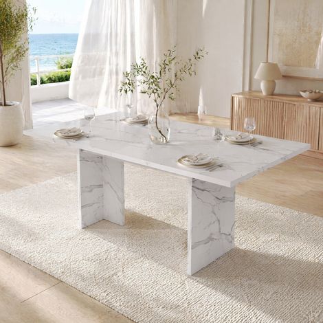 Mesa de comedor extensible 140/180 x 80 cm, 6-8 personas, MDF, blanco mármol, OKWISH (1/5)