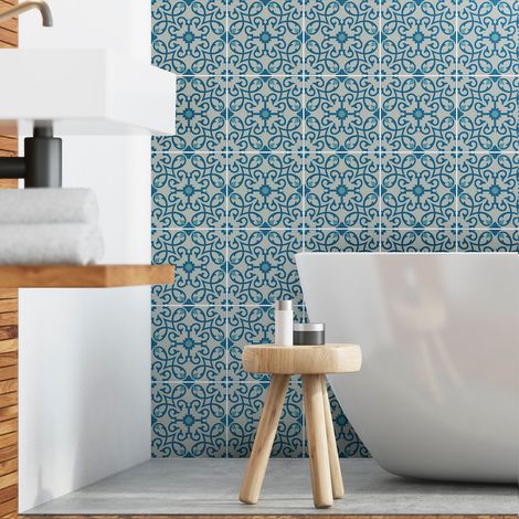 Sticker Mural Carrelage adhésif Cuisine Salle de Bain - 9 STICKERS CARREAUX DE CIMENT AZULEJOS SHANA - 9stickers10x10cm (1/5)