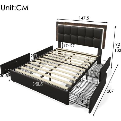 Lit double rembourré 140×200cm PU noir,bande LED,4 tiroirs,tête réglable en hauteur,lit fonctionnel moderne sans matelas