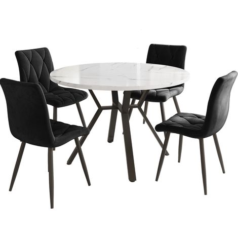 Conjunto de mesa redonda y 4 sillas modernas de MDF efecto mármol, patas negras de metal (1/5)