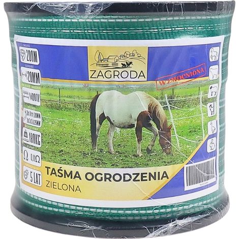 Cinta de pastor para cerca eléctrica reforzada ZAGRODA Premium de 20 mm x 200 m, alambres de cobre resistentes a los rayos UV, color verde con rayas blancas. (1/4)