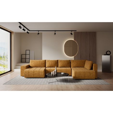 Wohnlandschaft Schlafsofa ARMANDA in Stoff Blur Honiggelb langer Schenkel Rechts